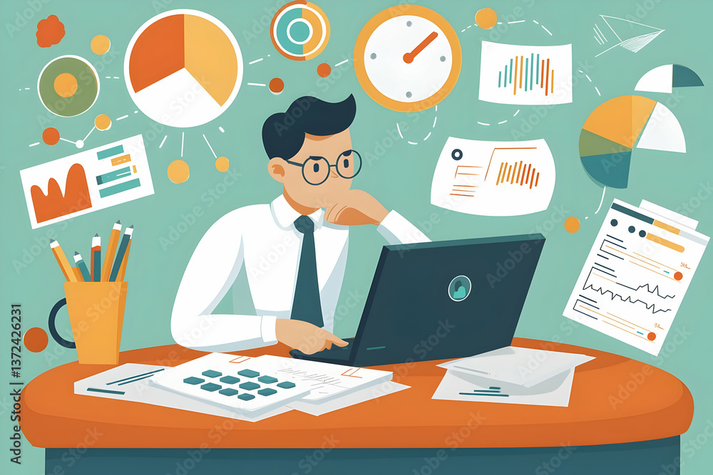 Businessman analyzing data on laptop, charts surround him, office background, for business reports Businessman analyzing data on laptop, charts surround him, office background, for business reports