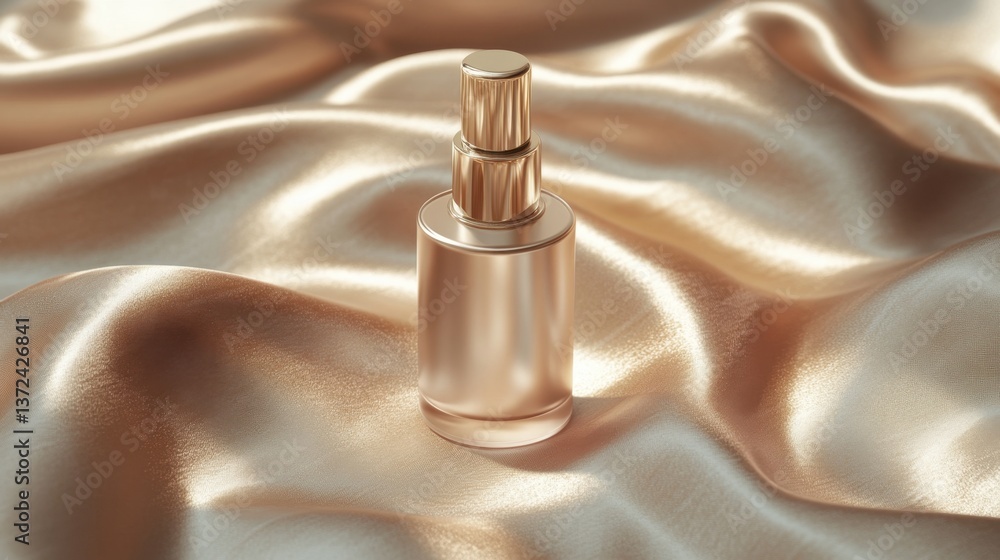 A luxurious hair serum bottle resting on a soft satin fabric with golden light. A luxurious hair serum bottle resting on a soft satin fabric with golden light.