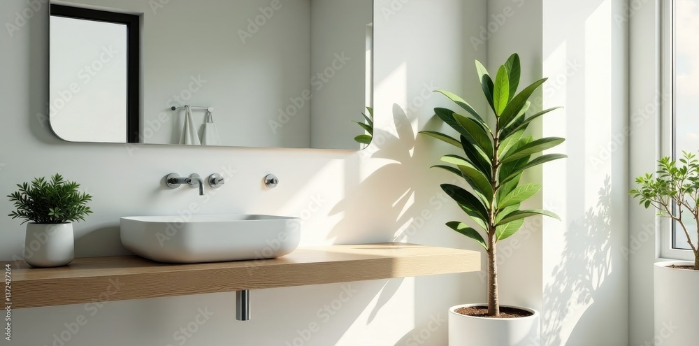 Fototapeta premium Modern bathroom, white sink, large mirror, plant, window, sink, home