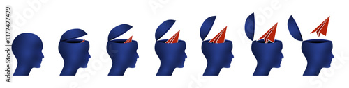 Blue business character head set with creative paper origami plane vector. 3d idea concept illustration to use for business, brainstorm, logical thinking, open mind, idea concept projects. 