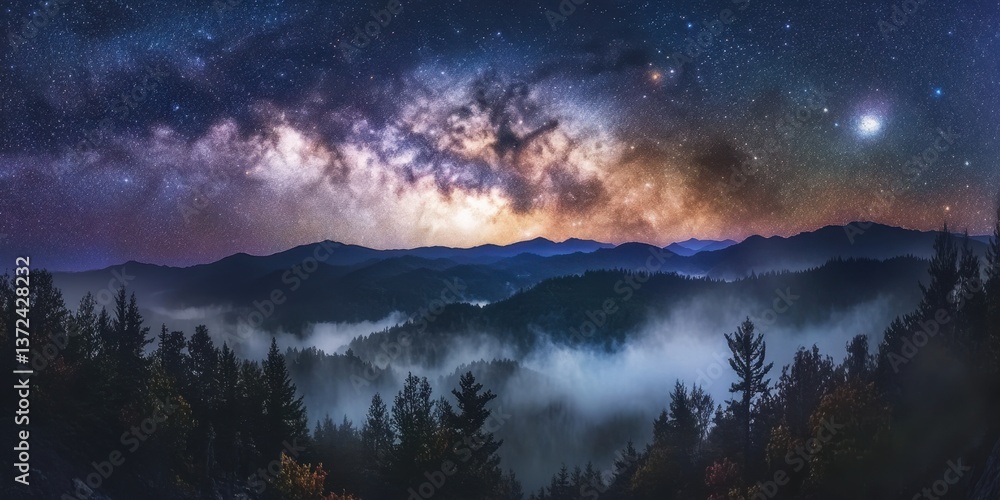 Panoramic View of Milky Way Over Foggy Mountains Panoramic View of Milky Way Over Foggy Mountains