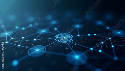 Minimalist Wallpaper Design: Abstract Interlinked Digital Nodes & Icons for Blockchain Interoperability in Fintech - Seamless Integration & Generous Empty Space
