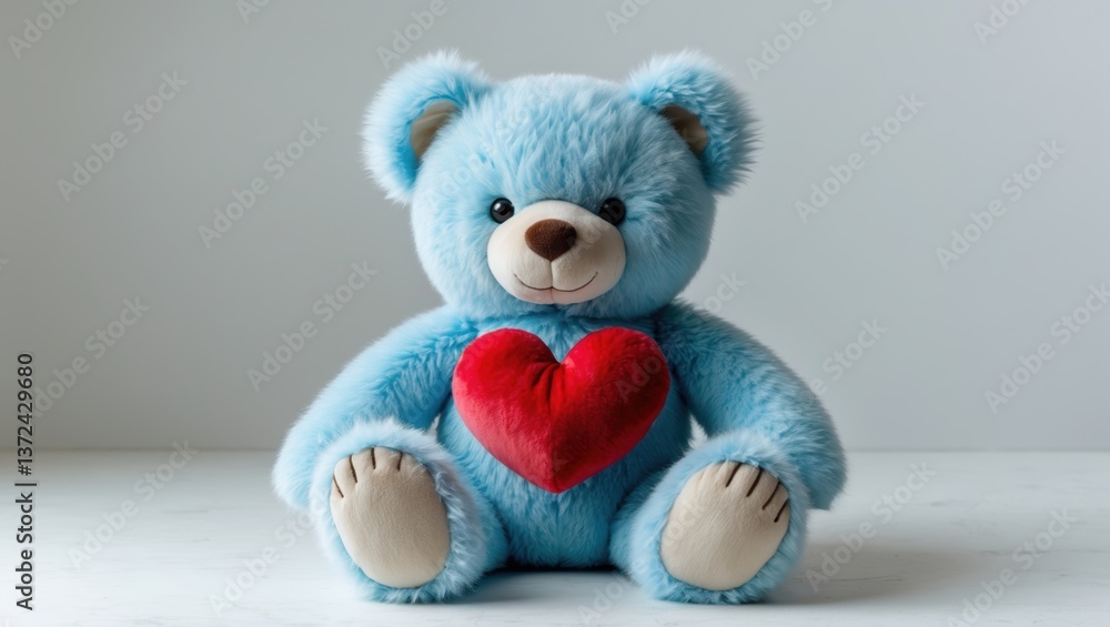 Fototapeta premium Soft blue teddy bear with a red heart on its chest, positioned against a neutral background, evokes feelings of warmth and affection