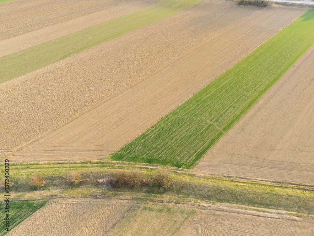 Fototapeta premium Aerial view of expansive agricultural fields featuring varying shades of brown and green, highlighting seasonal crop patterns and land cultivation techniques.