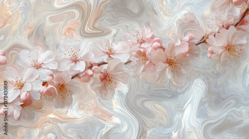 Beautiful cherry blossom branches elegantly float upon swirling pastel colors