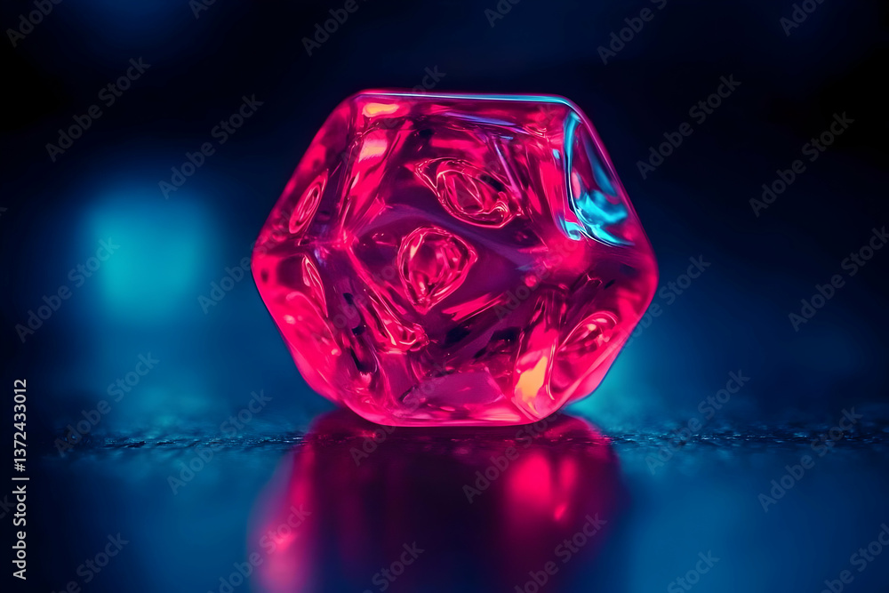 Illuminated pink D20 game die on dark surface Illuminated pink D20 game die on dark surface