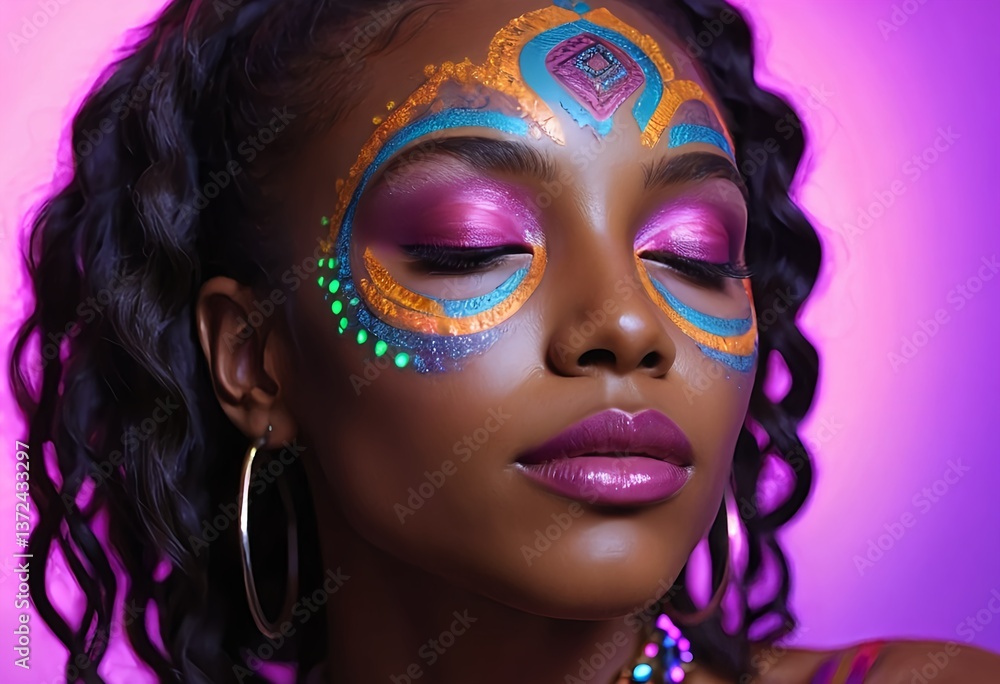 Woman with Vibrant Face Paint and Curly Hair Woman with Vibrant Face Paint and Curly Hair