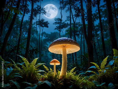 Fantasy mushroom in the forest at night with full moon. 3d rendering