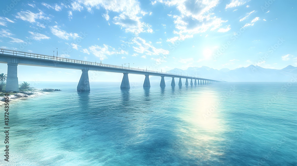 Majestic suspension bridge spans turquoise ocean waters, connecting distant shores with concrete pillars rising from the sea, illuminated by gentle sunlight under an expansive blue sky. Majestic suspension bridge spans turquoise ocean waters, connecting distant shores with concrete pillars rising from the sea, illuminated by gentle sunlight under an expansive blue sky.