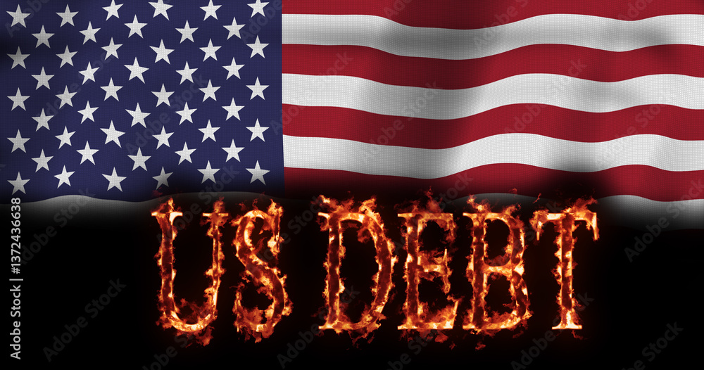 US Debt on fire on USA flag
