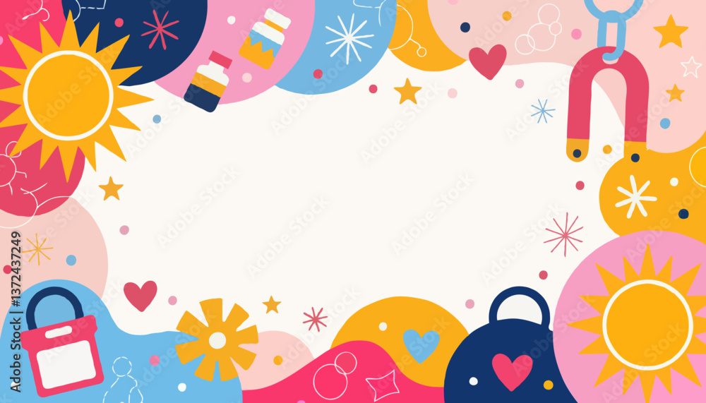 Colorful playful background with symbols of health and fun Colorful playful background with symbols of health and fun
