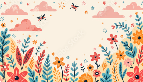 Colorful floral illustration with clouds and bees in a garden  