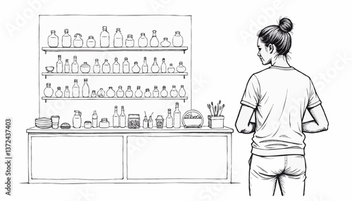 Woman contemplating while buying souvenirs in a shop background  