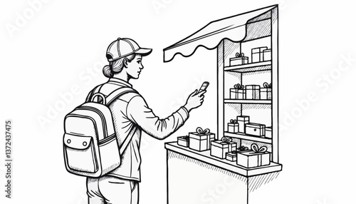 Person buying souvenirs while looking at a gift shop display  