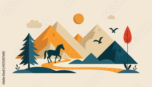 Horse trekking vacations, scenic landscape with mountains and trees  