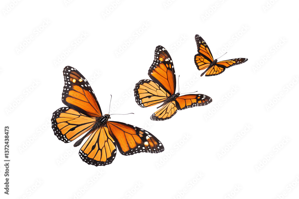 Obraz premium Graceful trio of monarch butterflies fluttering together. Their orange, black, and white patterned wings create a vivid, isolated on a transparent background