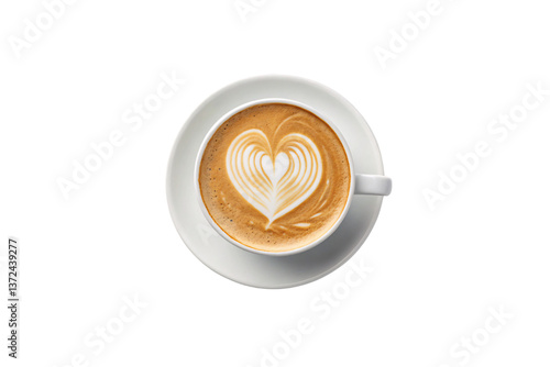 Top view of creamy coffee with intricate heart-shaped latte art, isolated on a transparent background