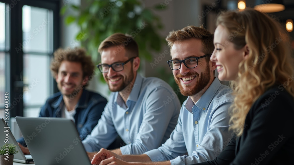 Smiling Business Team Collaborating on Laptops in a Modern Office Setting Smiling Business Team Collaborating on Laptops in a Modern Office Setting