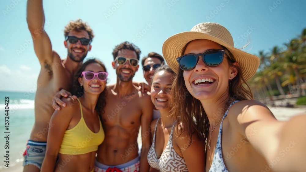 A joyful group of friends taking a beach selfie on a sunny tropical vacation. A joyful group of friends taking a beach selfie on a sunny tropical vacation.