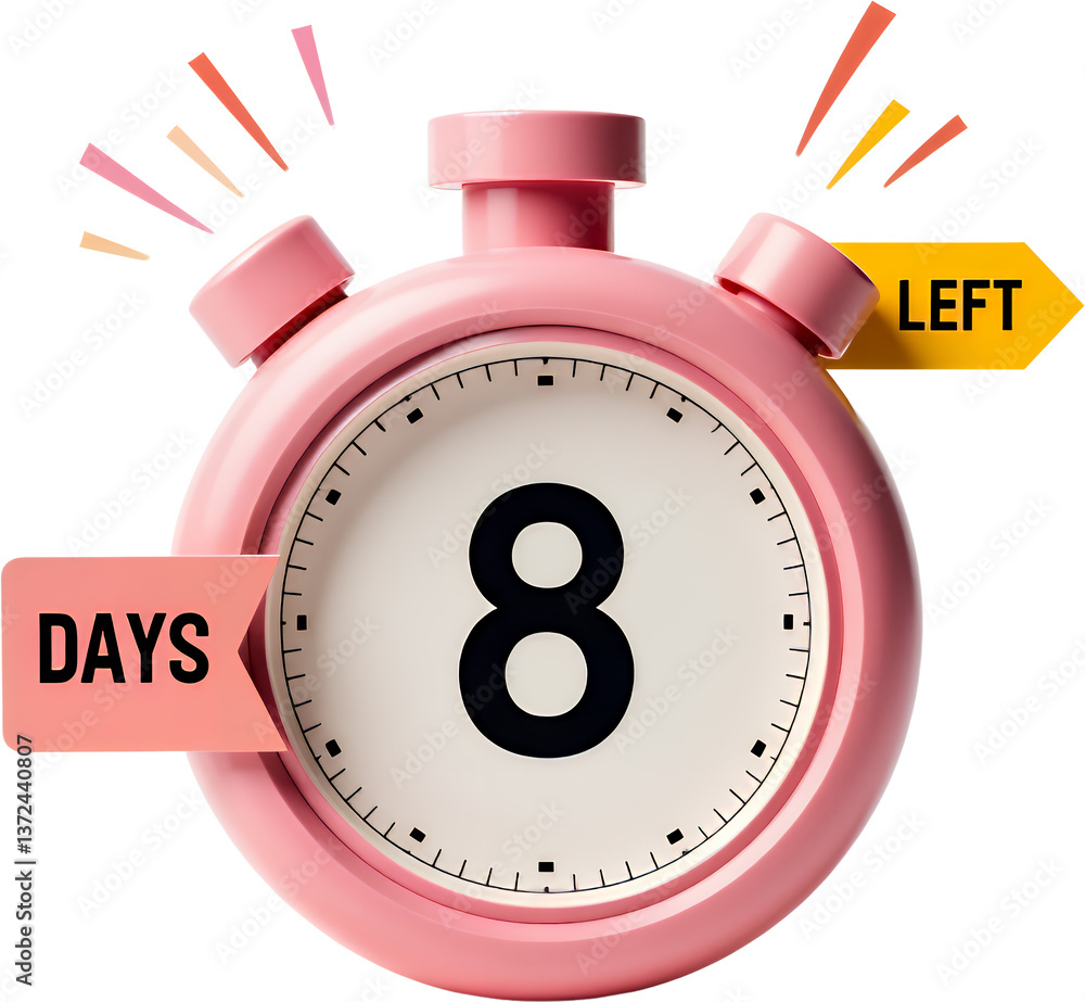 8 Days Left Countdown Timer, Pink, Transparent Background. Urgency.