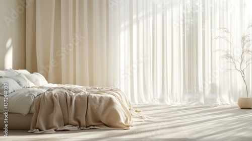 Tranquil bedroom scene featuring soft hues, diffused daylight, and minimalist design