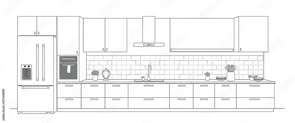 Fototapeta premium Schlichte Küchenskizze mit klaren Linien. Ideal für Küchenplanung oder Inneneinrichtung. Schwarz-Weiß-Illustration