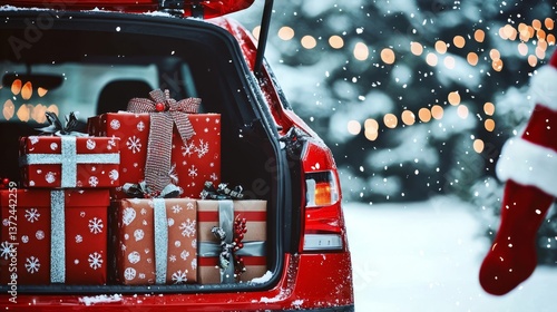 An inviting car boot ready for the holiday season with presents inside.