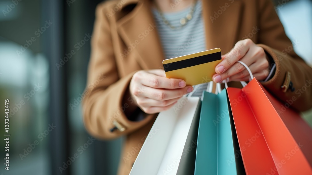 Obraz premium Woman holding a credit card while carrying colorful shopping bags, suggesting retail therapy.