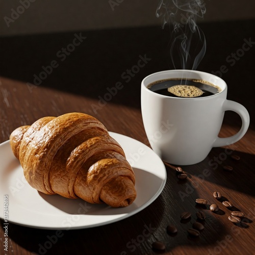 A croissant and a cup of coffee on a wooden table