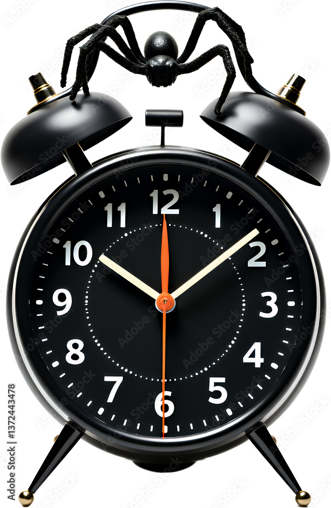 Black Spider on Alarm Clock, Halloween Time, transparent background