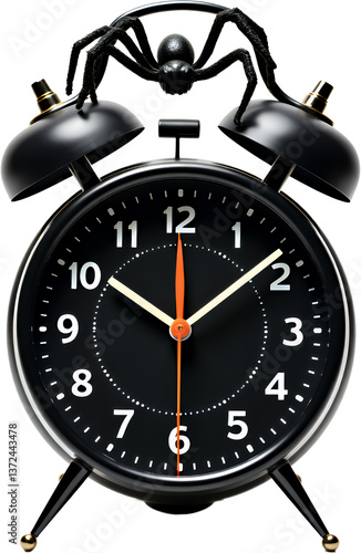 Obraz na płótnie Black Spider on Alarm Clock, Halloween Time, transparent background w salonie