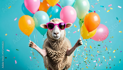 Wallpaper Mural sheep wearing sunglasses holding happy birthday balloons and confetti explosion flying around on solid background (4) Torontodigital.ca