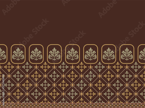 Seamless Damask fabric pattern, highlighted by the use of golden brown and brick orange. Create a feeling of luxury classic and contemporary Suitable for designs that require subtlety and uniqueness.
