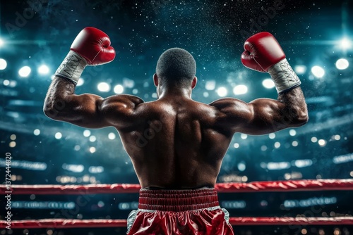 Celebrating success: A boxer with arms raised in joy.