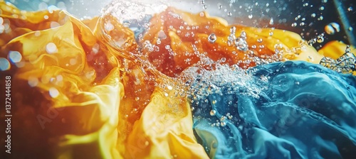 The process of washing clothes captured, revealing the interaction of water, bubbles, and fabric.