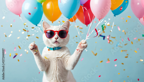 Wallpaper Mural white cat wearing sunglasses holding happy birthday balloons and confetti explosion flying around on solid background (3) Torontodigital.ca