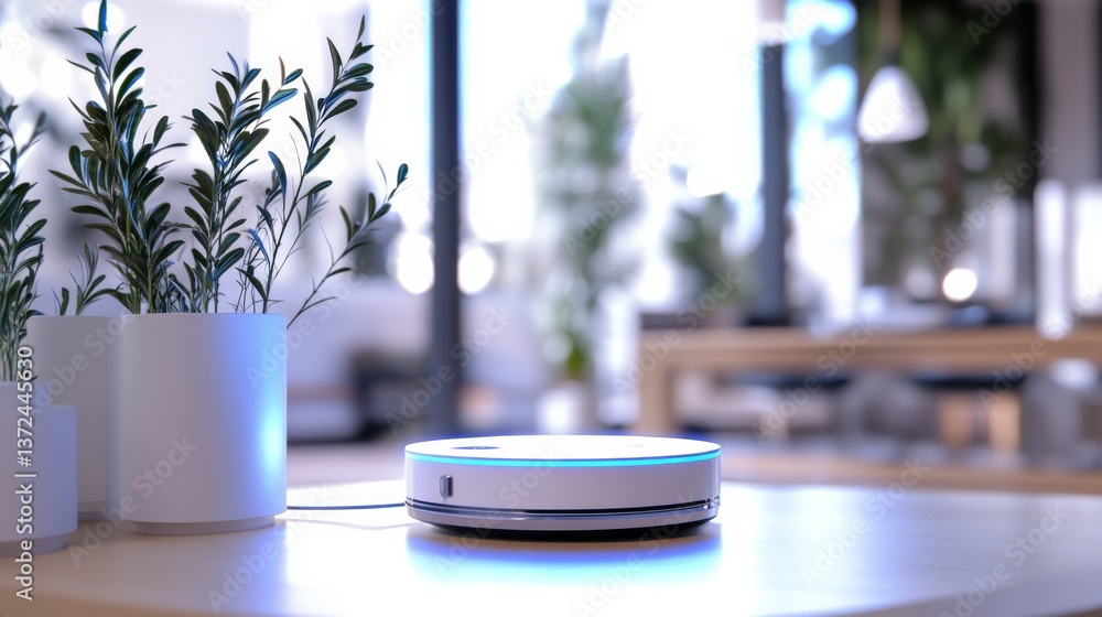 An AI enhanced smart home environment, voice-controlled devices and holographic interfaces, modern and sleek living space An AI enhanced smart home environment, voice-controlled devices and holographic interfaces, modern and sleek living space