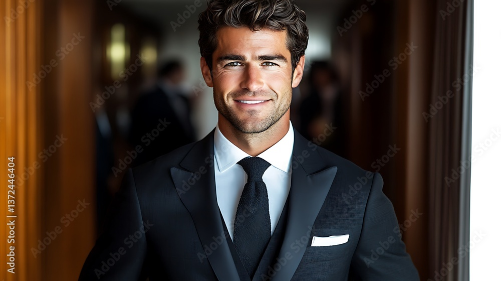 Handsome man in black tuxedo, hotel lobby Handsome man in black tuxedo, hotel lobby
