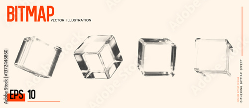 Set of Bitmap Dithering Cubes. Abstract Halftone Effect Geometric 3D Shapes. Trendy Retro Style. Vector.