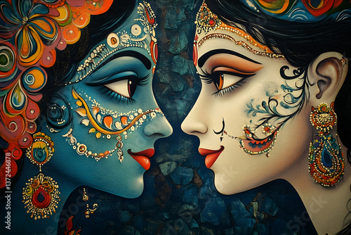Two ornately decorated faces are gazing at each other