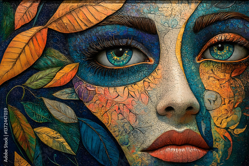 A beautiful face with floral designs and autumn leaf accents