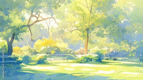 緑の芝生と樹木が美しい都市近郊の公園風景イラスト素材
