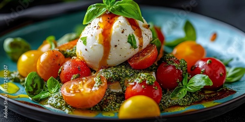 Fresh Italian salad featuring creamy burrata cheese and ripe tomatoes.