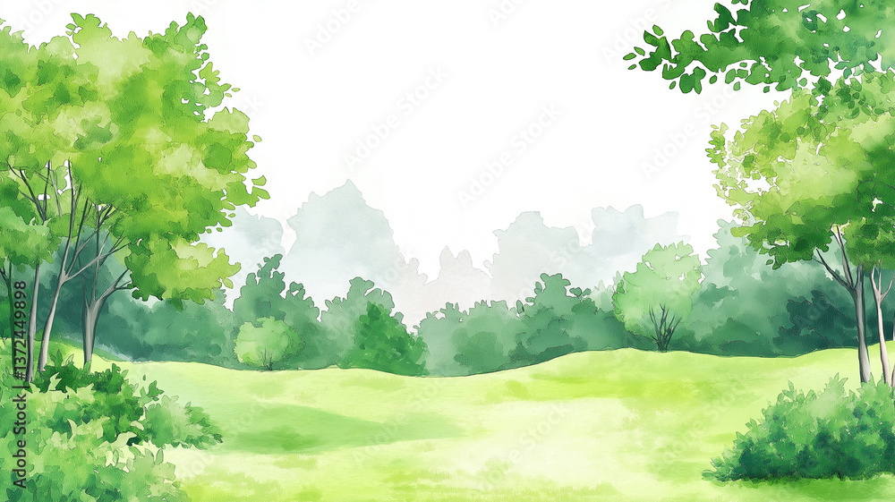 広々とした芝生と木陰が魅力の美しい公園風景イラスト 広々とした芝生と木陰が魅力の美しい公園風景イラスト