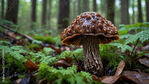 False Morel Mushroom Growing in Forest Undergrowth