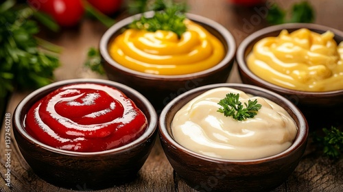 Bowls of popular condiments enhancing a wooden dining experience.