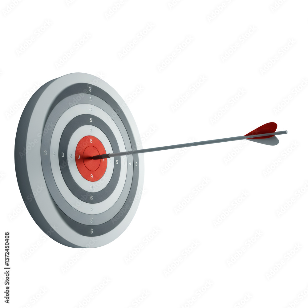 Red Arrow Hitting the Bullseye on a Grey Target Red Arrow Hitting the Bullseye on a Grey Target