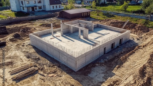 Reinforced concrete foundation being laid for future home stability.