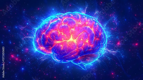 A brightly colored brain illustration with glowing electrical connections in space