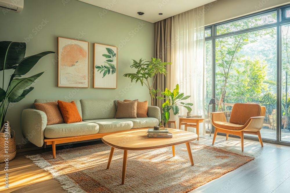 Fototapeta premium A bright and inviting living room adorned with stylish furniture and greenery, perfect for relaxation and comfort.